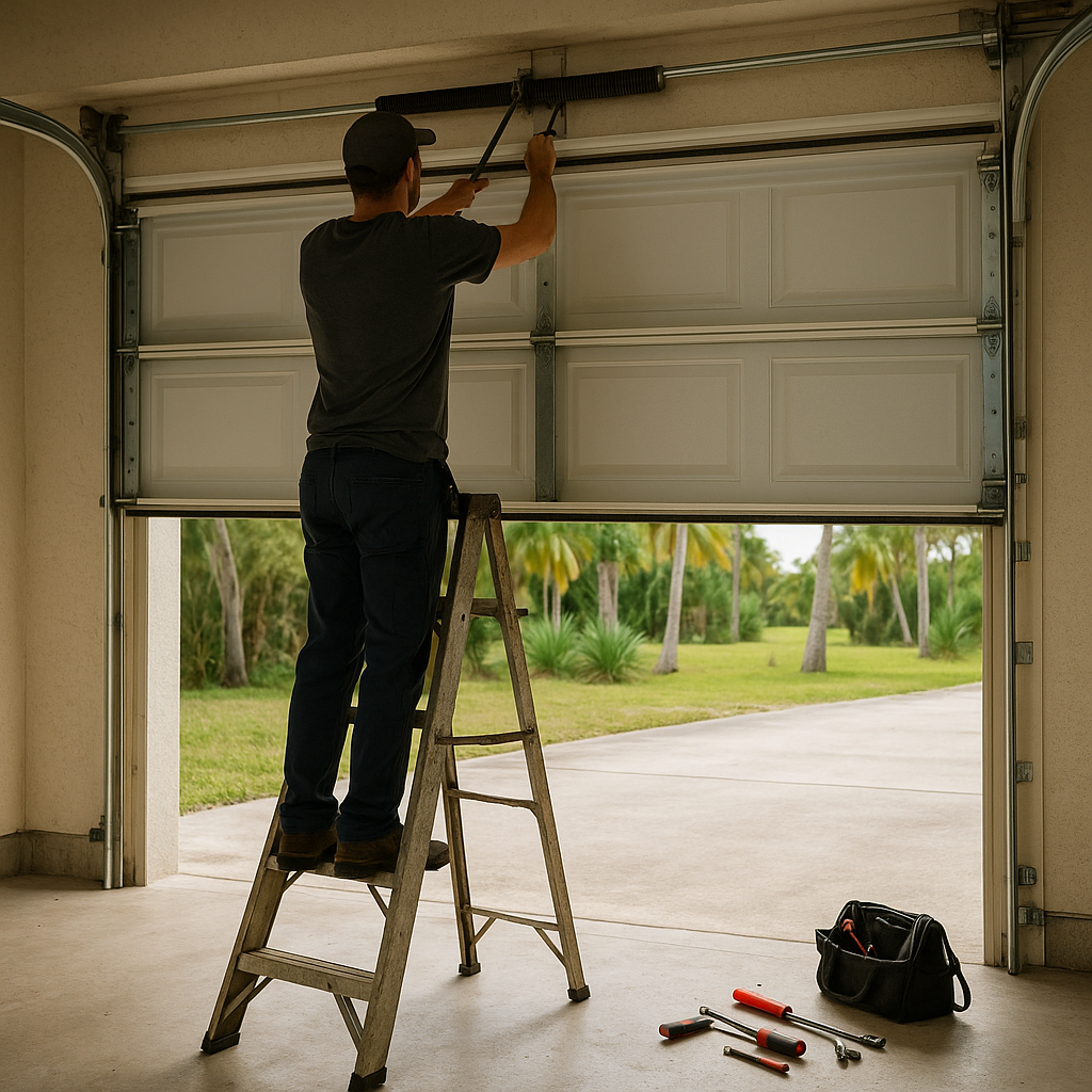 Professional repairing garage door with tools on the ground.