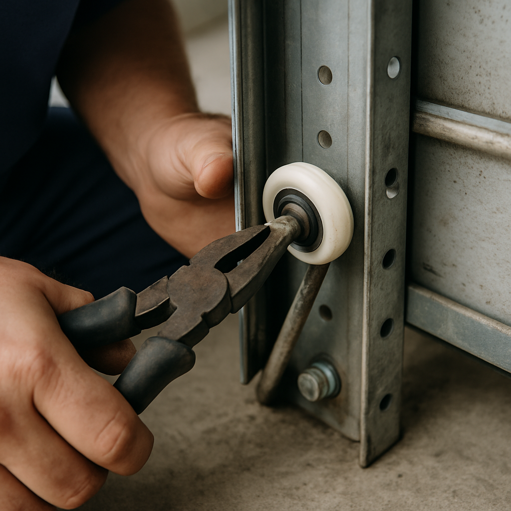 Garage door repair technician adjusting roller with pliers