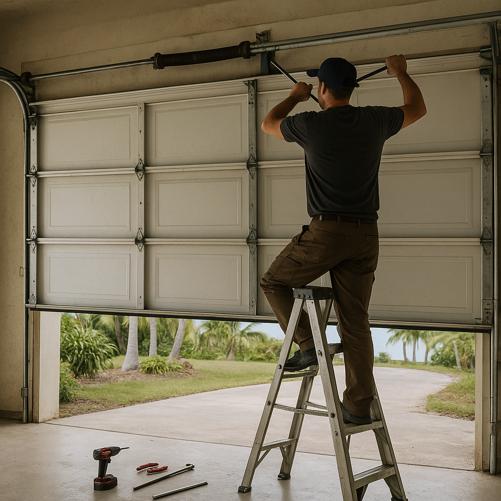 Garage door repair technician adjusting spring on overhead door