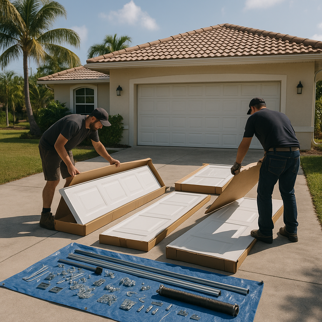 Professionals unboxing white garage door panels for installation.