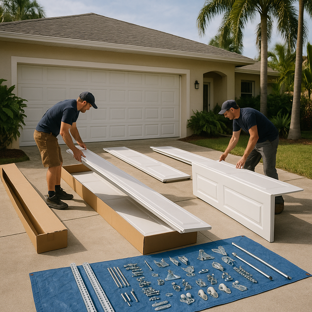 Garage door installation, parts laid out for assembly by professionals.