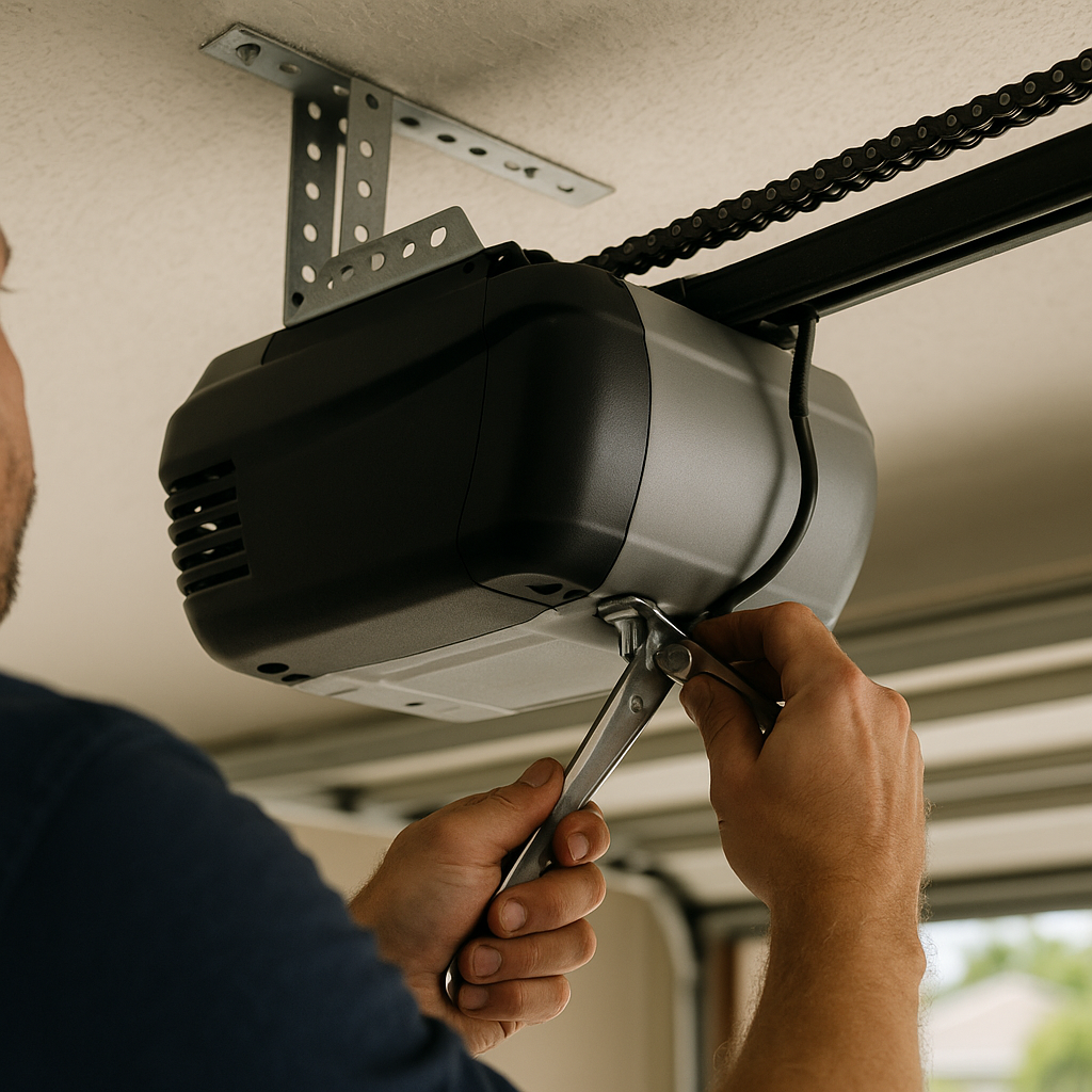 Professional tightening a bolt on a garage door opener mechanism with a wrench
