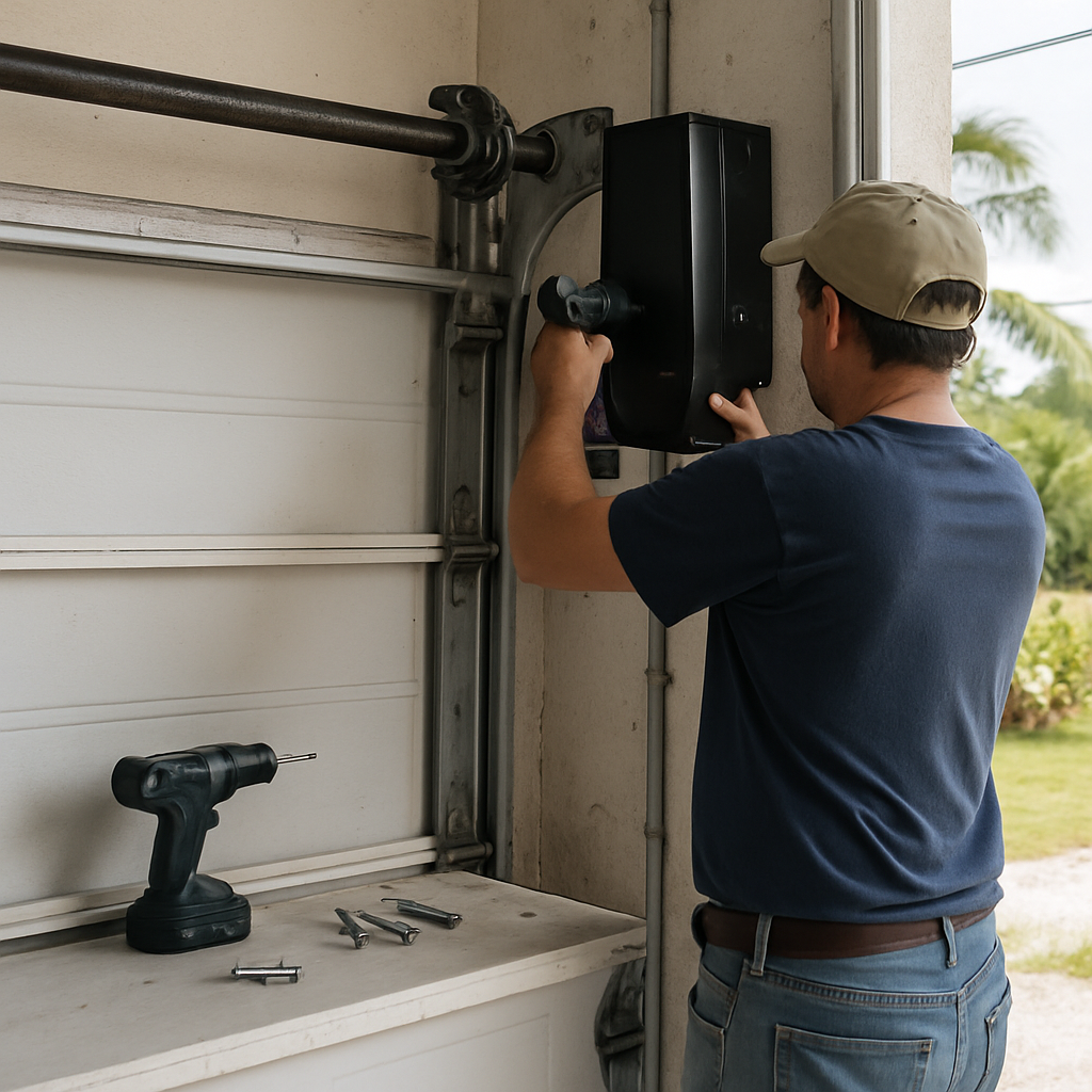 Professional installing a garage door opener.
