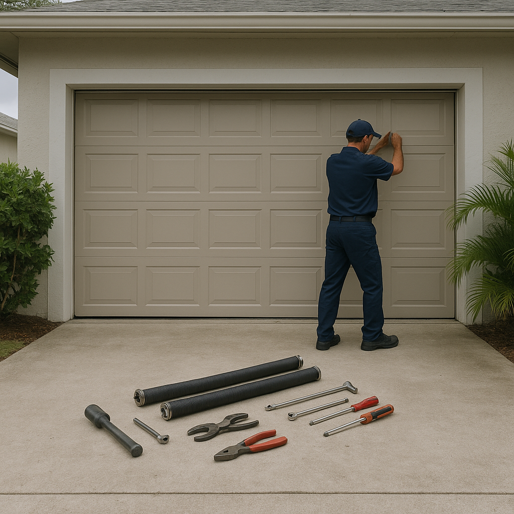 Garage door technician working on parts with tools on driveway in Iona, FL