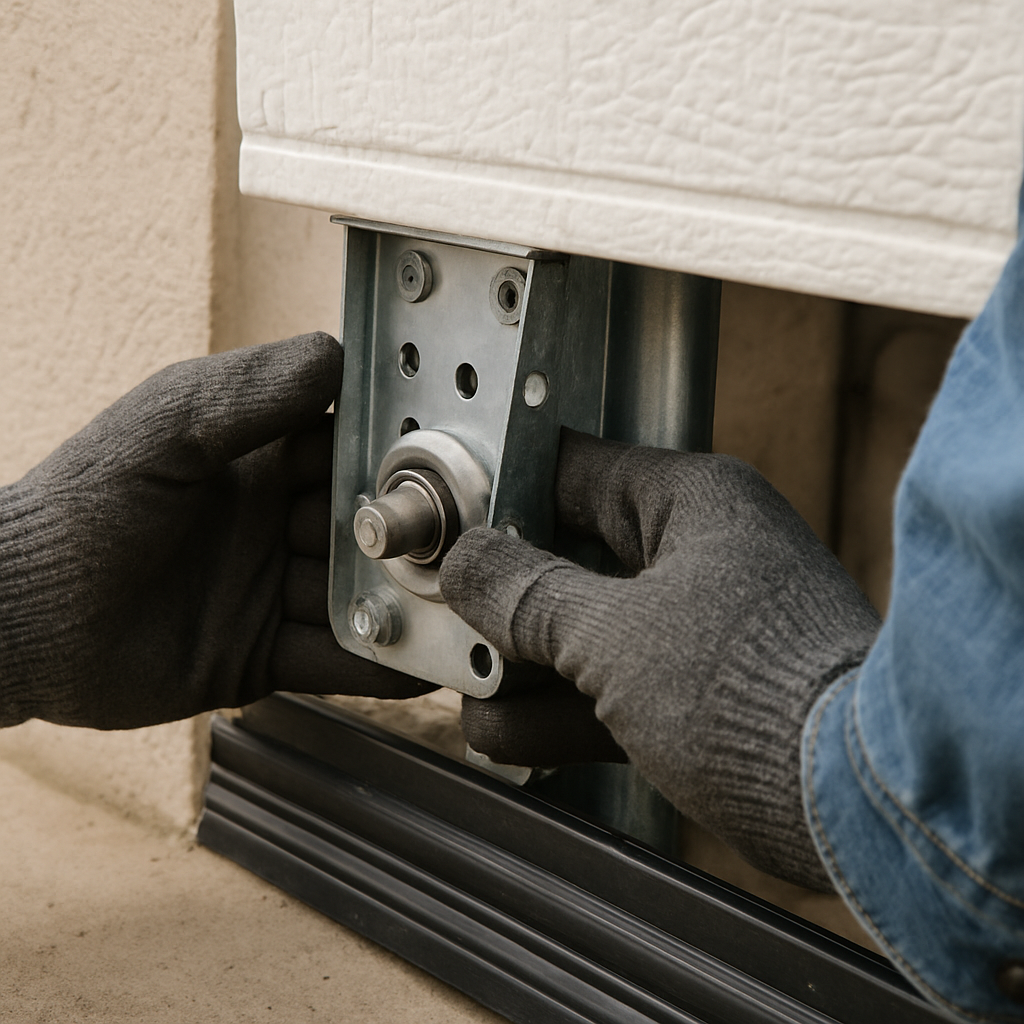 Garage door roller assembly installation by technician in gloves in Bokeelia, FL