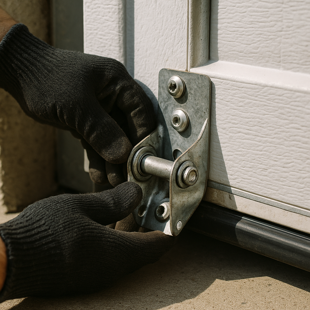 Gloved hands installing emergency garage door hardware on a white door. in Bokeelia, FL