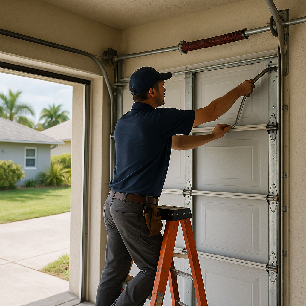 Garage door technician working on opener system in Bokeelia, FL